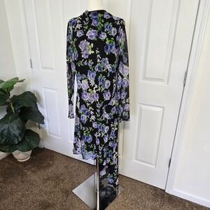 Mango MNG‎ Dress Womens 12 Black Purple Floral Mesh Asymmetrical Salma New